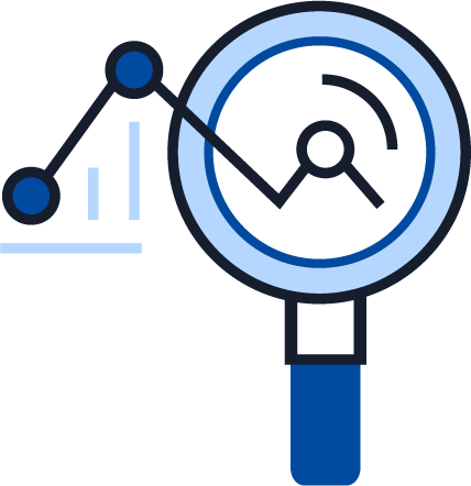Illustration of a magnifying glass examining a clock beside a line graph, representing performance monitoring, time-based analysis, and trend tracking.