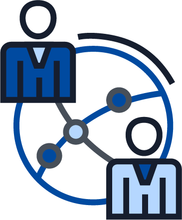 Illustration of two business professionals connected through a network diagram, representing consulting, collaboration, and professional connections.
