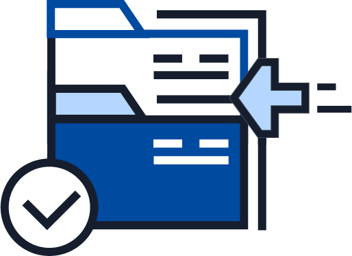 Illustration of digital files with an incoming arrow and verification checkmark, representing secure file transfer, data import, and validation.