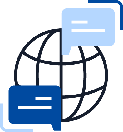 Illustration of a globe with two speech bubbles, representing global communication, messaging, and online connectivity.