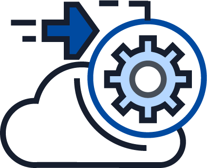 Cloud computing icon with a gear and directional arrow, representing cloud automation, migration, and system configuration.