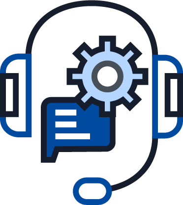 Illustration of a customer support headset with a speech bubble and gear, representing technical support, troubleshooting, and customer service.