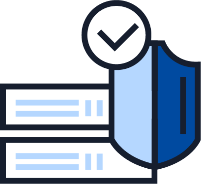 Illustration of a shield protecting data records with a checkmark, representing data security, protection, compliance, and verification.