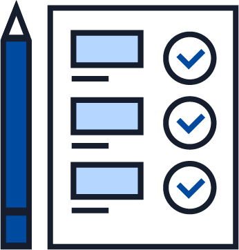 Illustration of a checklist with three checked items and a pencil, representing evaluation, review, task completion, and quality assurance.