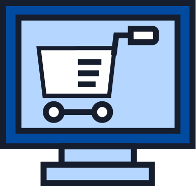 Illustration of a desktop monitor displaying a shopping cart, representing e-commerce, online shopping, and digital transactions.