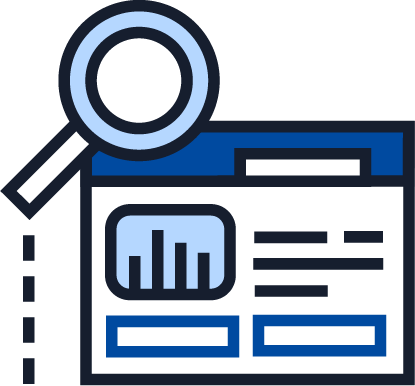 Illustration of a magnifying glass examining a report with a bar chart and text, representing analysis, assessment, and review.