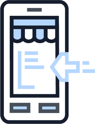 Illustration of a mobile storefront with an incoming arrow, representing mobile commerce, app integration, and digital transactions.