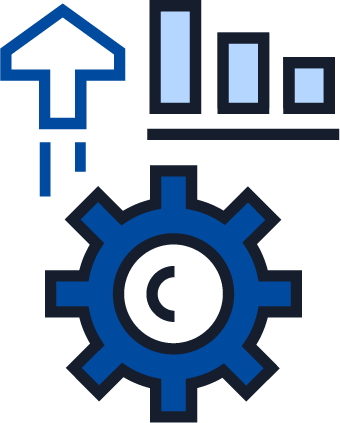 Illustration of a gear beneath an upward arrow and bar chart, representing system optimization, automation, and improved performance.