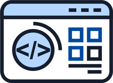 Illustration of a web browser window with coding symbols and interface layout elements, representing web development, programming, and website design.