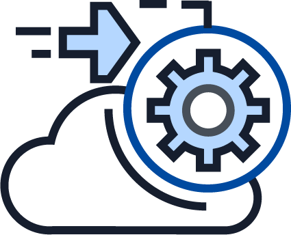Cloud computing icon with a gear and directional arrow, representing cloud automation, migration, and system configuration.