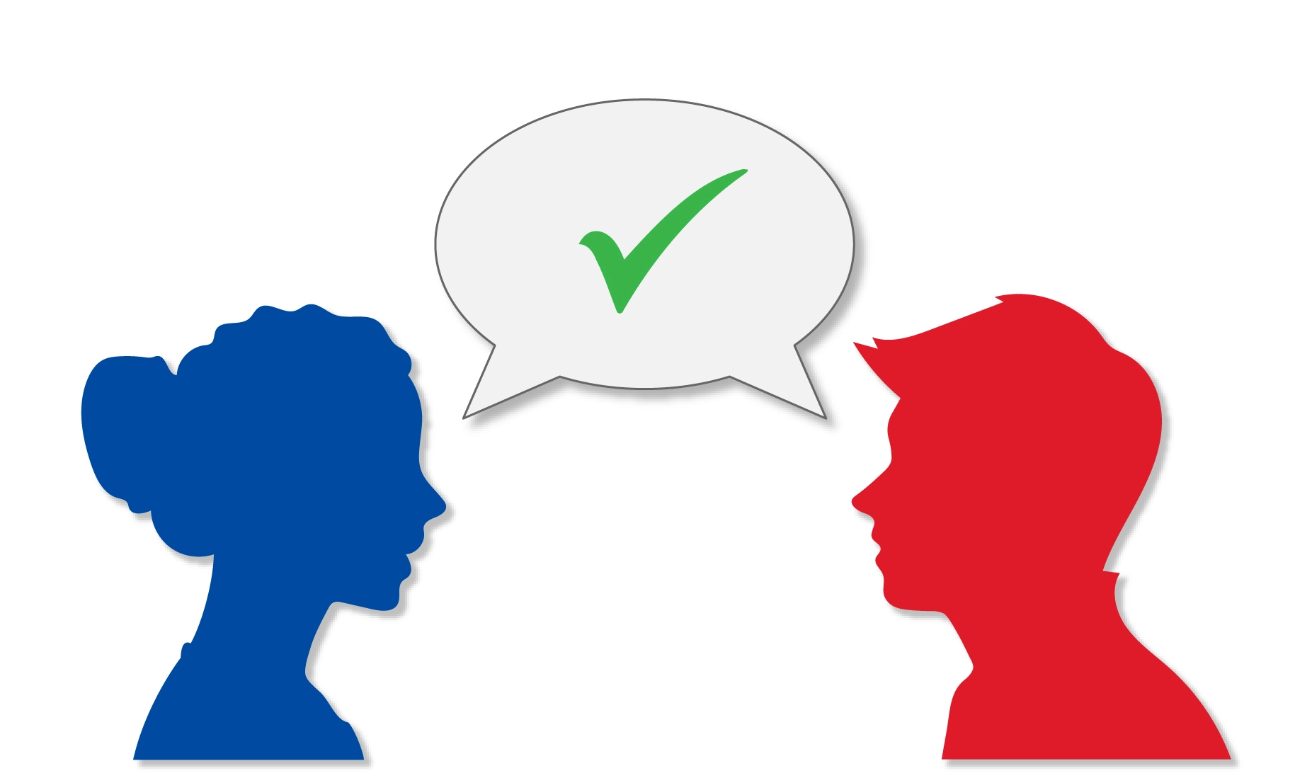 Silhouettes of two people speaking with a green checkmark in a speech bubble above them