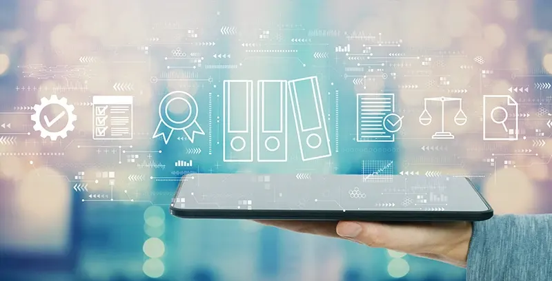 Graphic representation of cloud-based documents on top of a tablet with a tech-inspired background
