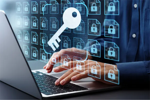 user-requiring-multiple-levels-of-authentication-on-laptop-showing-locked-folders-with-key-as-zero-trust-security-model
