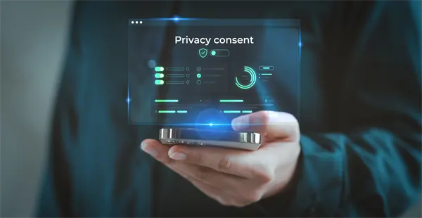 GDPR data protection and security compliance, Man holding smartphone managing Privacy Consent settings, Personal data, Information security, Transparency, Digital rights, Cookie consent