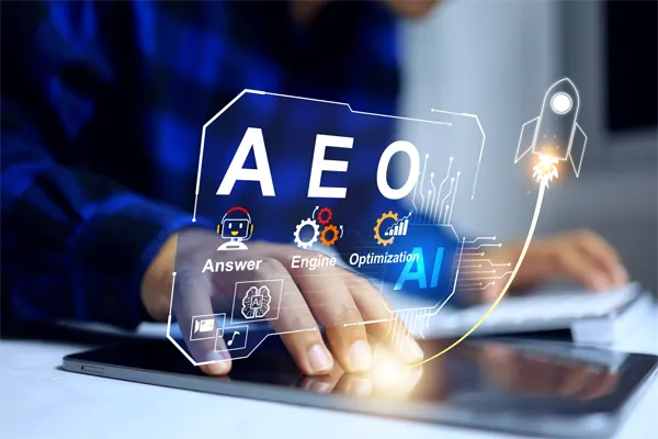 answer engine optimization AEO concept with marketer using tablet to optimize content for user queries and ai search