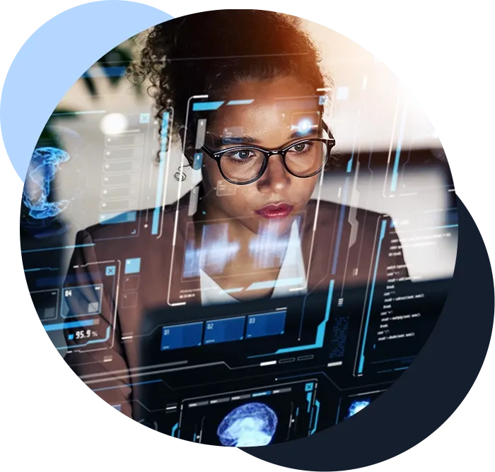 Woman working in office and futuristic graphical user interface concept.