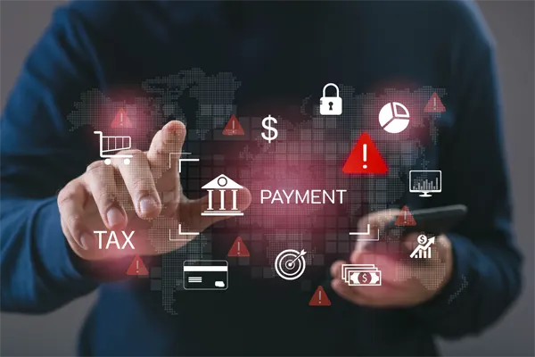 A person interacting with digital payment, tax, and financial security icons, highlighting online transactions, risk alerts, cybersecurity, banking systems, and modern financial technology solutions.