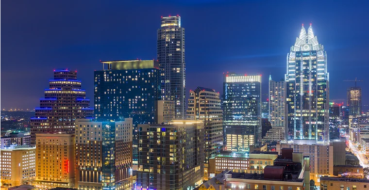 Austin, Texas, USA rooftop skyline at dusk.