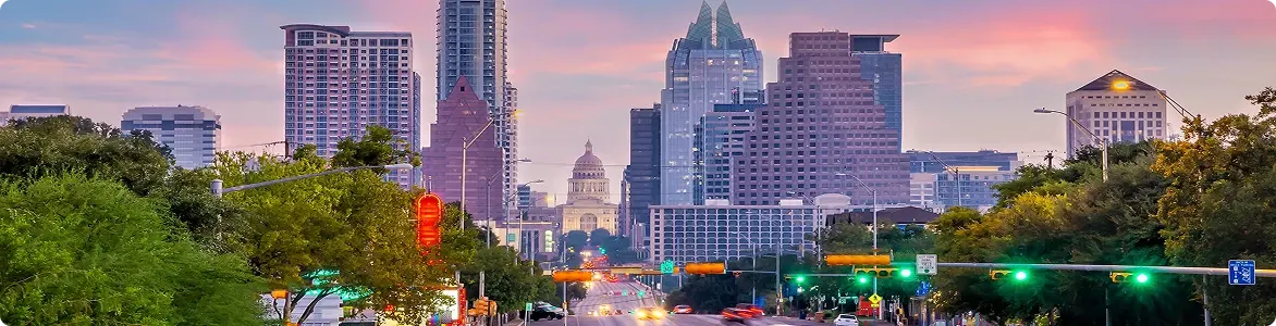 Austin city downtown skyline cityscape of Texas USA at sunset