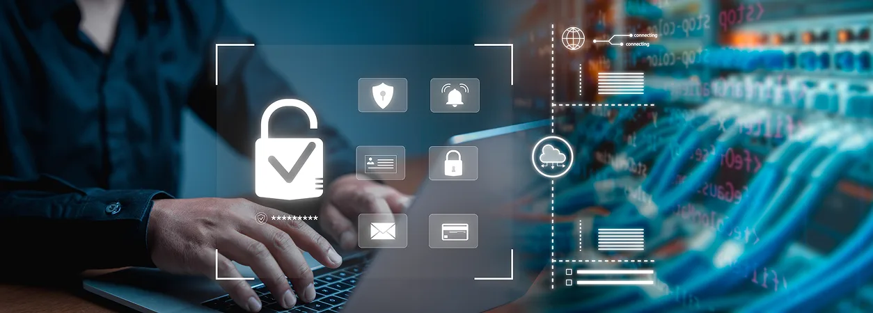 Business with technology. Cyber security is critical to doing business in the era of AI computing. Concepts of surveillance and security scanning of digital program cyber futuristic applications.