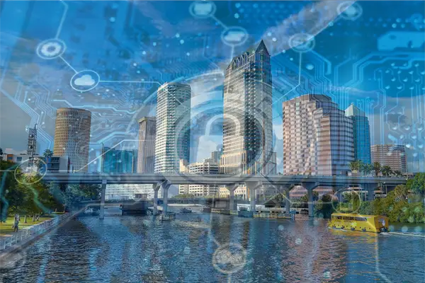 Tampa skyline with cybersecurity overlay