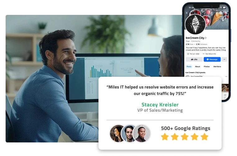 Marketers working on a computer displaying marketing data. Mobile device with social media marketing and testimonial with Google ratings