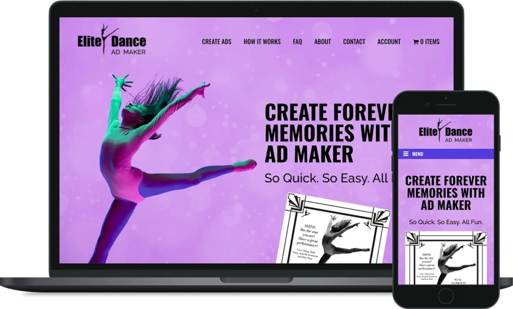 Elite Dance Ad Maker site on laptop