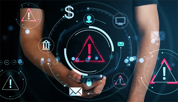 Man holding smartphone with glowing alert icons and digital interface, futuristic style, dark background, concept of cybersecurity threat