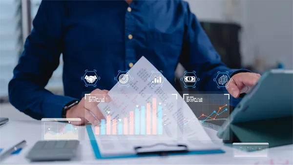 Business Finance Report Analysis Global Strategy In Action Businessman In Blue Shirt Reviews Financial Data, Ensuring Security And Effective Communication For Business Planning And Flow