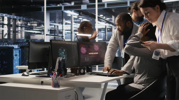 Scared data center technicians reacting to virus warning on PC display, scrambling to launch emergency response protocol. Admins run around server room, urgently trying to fix hacked systems, camera A