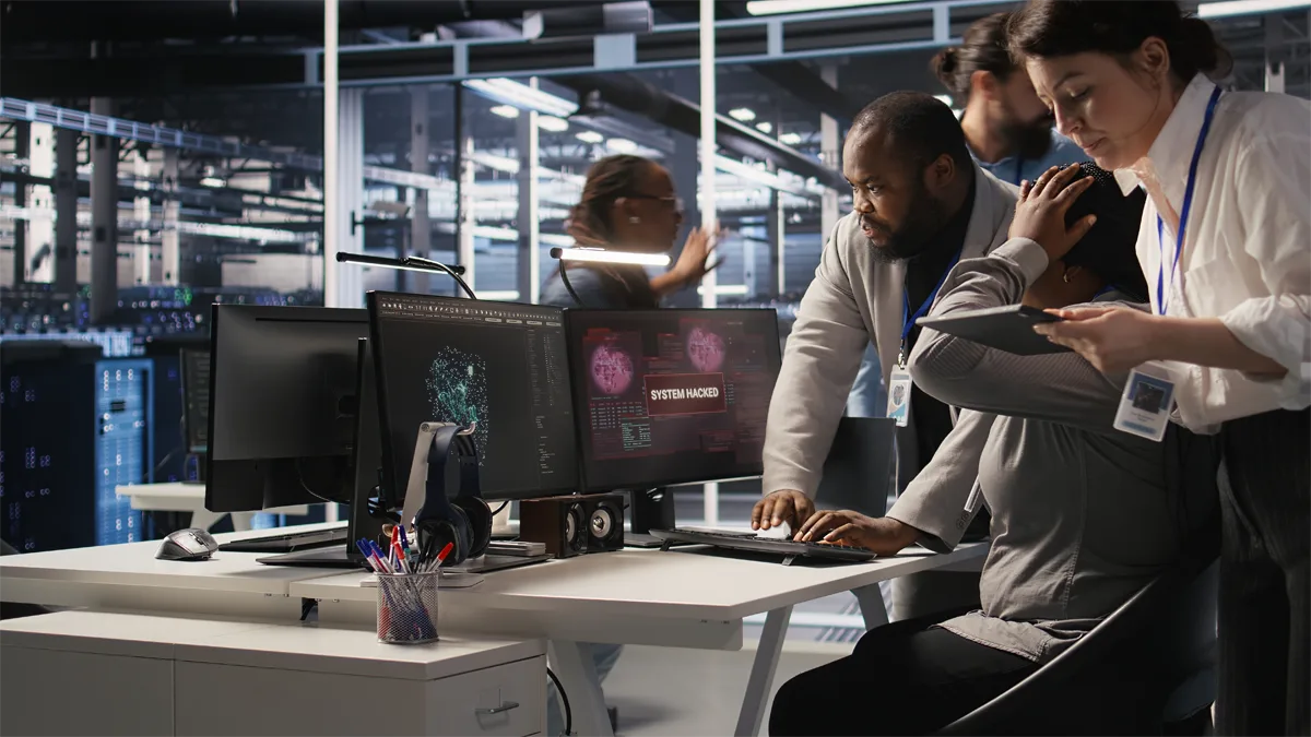 Scared data center technicians reacting to virus warning on PC display, scrambling to launch emergency response protocol. Admins run around server room, urgently trying to fix hacked systems, camera A
