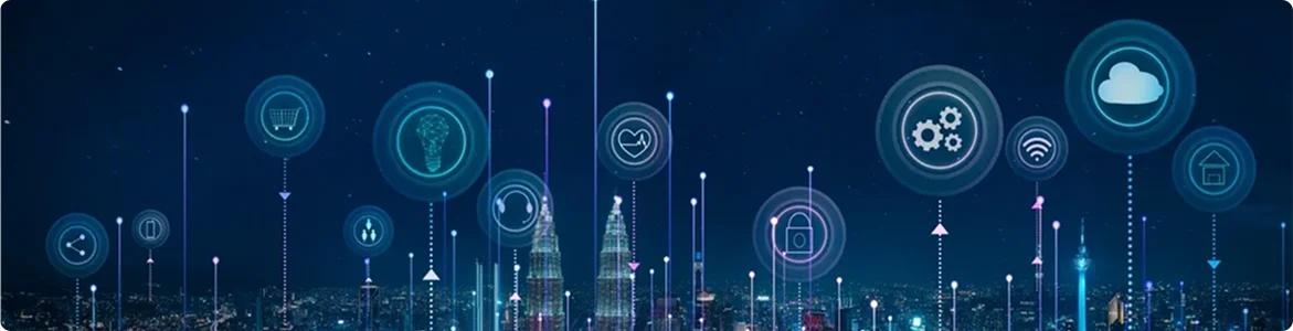Panorama aerial view in the cityscape skyline with smart services and icons, internet of things, networks and augmented reality concept , night scene .
