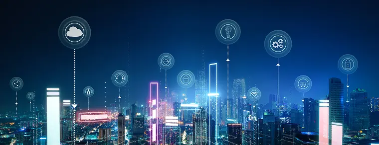 The city at night is bustling with activity, illuminated by the glow of countless IOT icons hovering in the sky. Smart city concept. 3D rendering