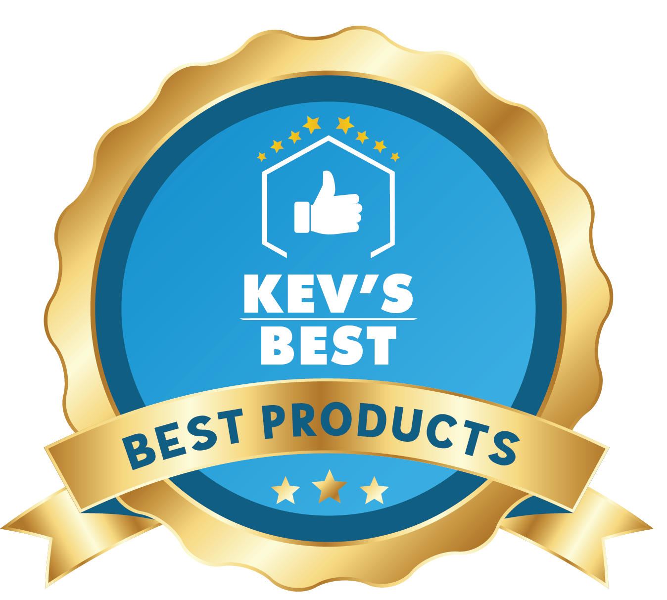 Kev's Best Best Products seal with a thumbs-up icon toward the top above the text.