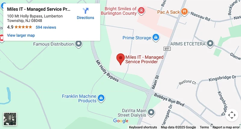 Map of Miles IT IT Services office in Lumberton, NJ USA