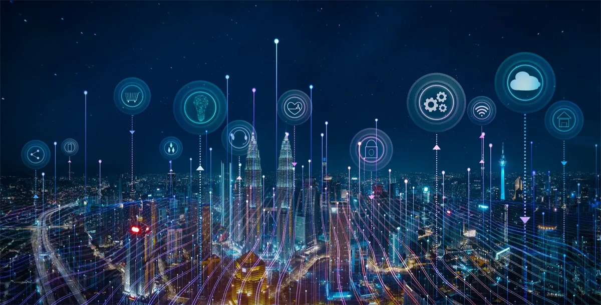 Panorama aerial view in the cityscape skyline with smart services and icons, internet of things, networks and augmented reality concept , night scene .