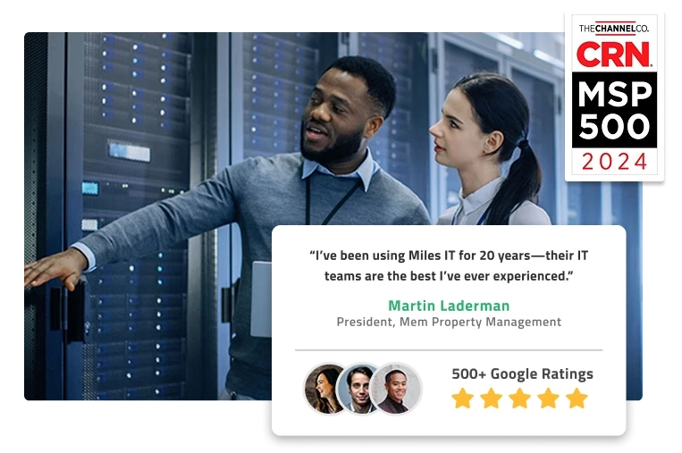 People in a server room with CRN MSP500 2024 badge alongside Miles IT Google ratings