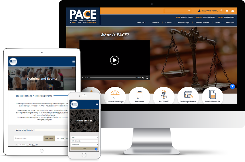 desktop, tablet, and mobile devices showing the OSBA and PACE websites