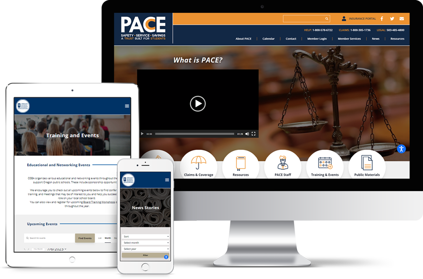 desktop, tablet, and mobile devices showing the OSBA and PACE websites