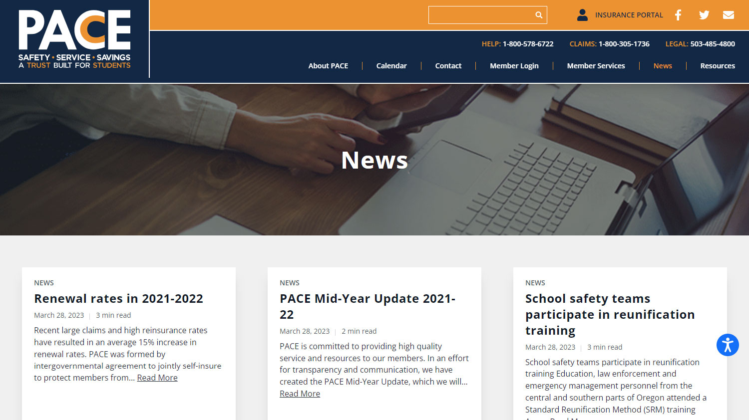 screenshot of the PACE News page