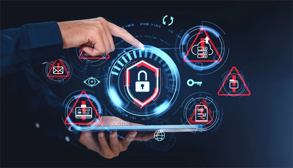 A hand pointing at cybersecurity icons on a virtual interface with a tablet, on a dark background. Concept of cyber security and digital protection