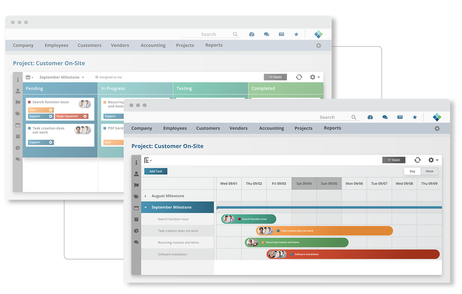 Two overlapping screengrabs of Striven project views