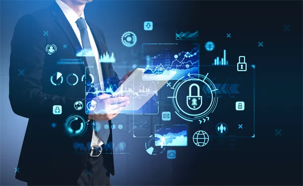 Office man with tablet in hands, lock icon with network symbols. Business stock market graphs and data storage. Concept of cyber security and financial analysis