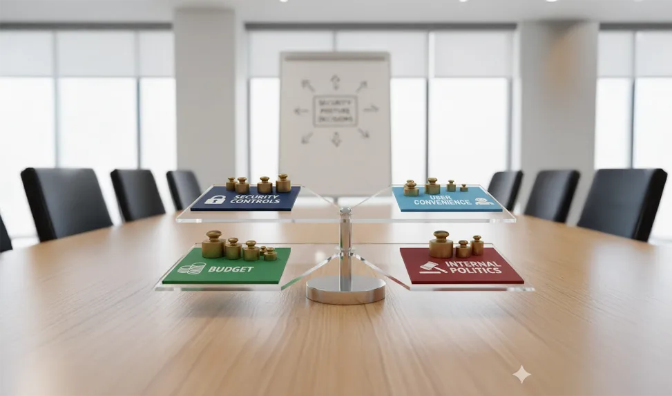 A scale showing a balance between Budget, Security Controls, User Convenience and Internal Politics