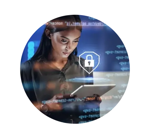 Tablet, lock security and woman in hologram for data safety, software, password or coding in information technology.