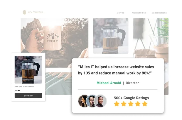 Ecommerce coffee website and popout of french press for purchase alongside Miles IT Google ratings