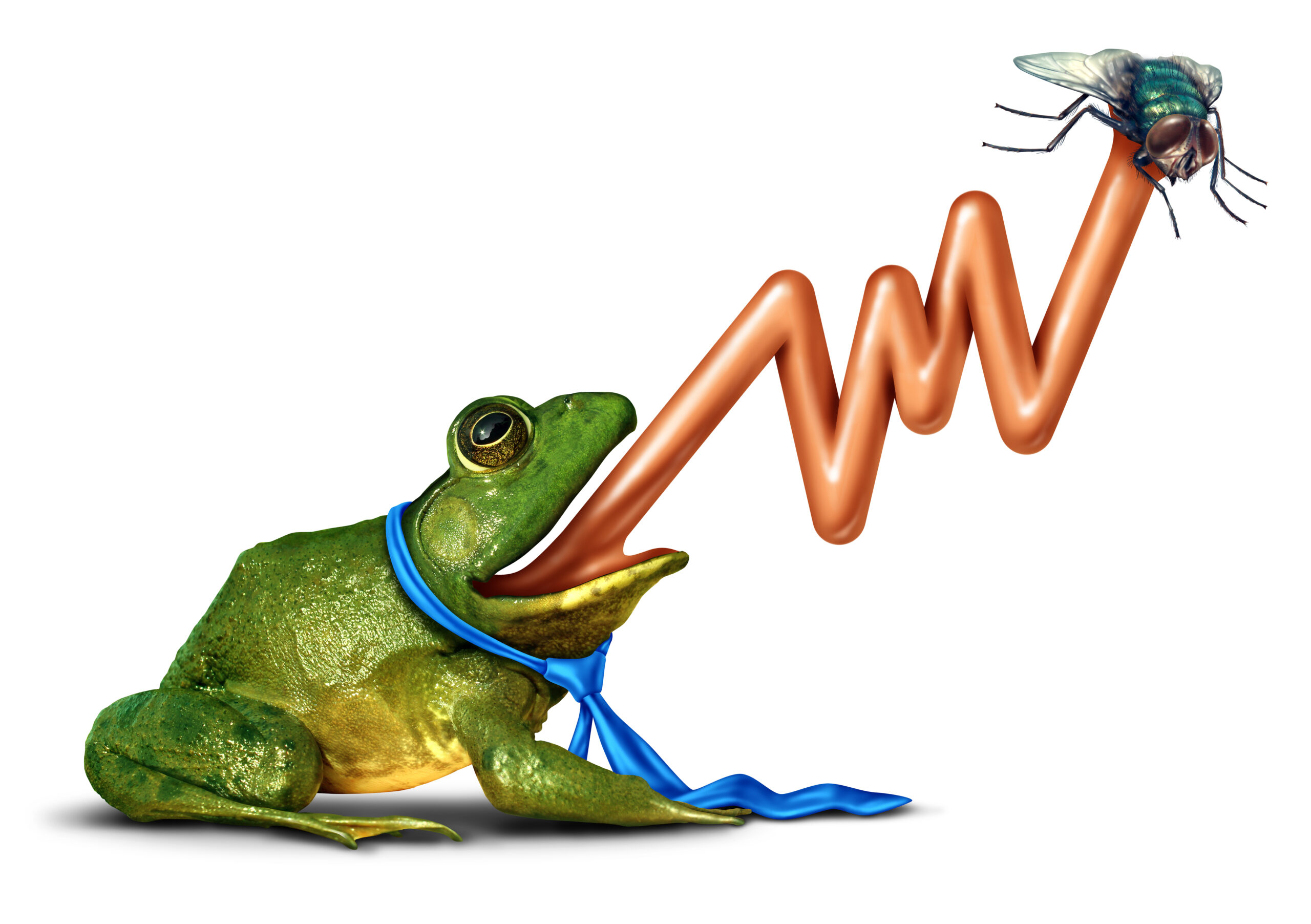 Frog wearing a tie with a tongue shaped as an upward stock market chart catching a bug