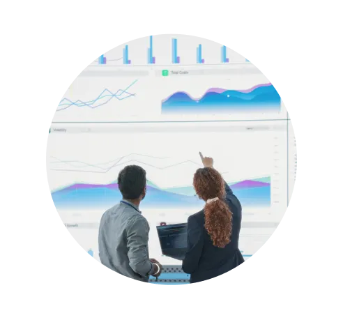 Wide Zoom In Back Shot Of Diverse Male And Female Risk Managers Analyzing Data On Digital Screen In Monitoring Room.