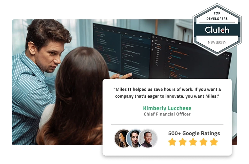 Software experts working on a computer with code. Testimonials for Miles IT and the Top Developers on Clutch badge for New Jersey