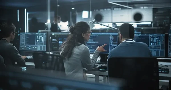 Woman and a man talking to each other at a desk while pointing to a computer screen